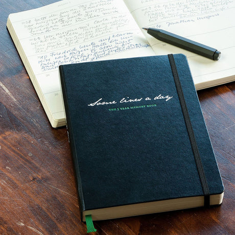 Svart 5-årsdagbok ligger på en uppslagen dagbok som det är skrivet i - Tidformera