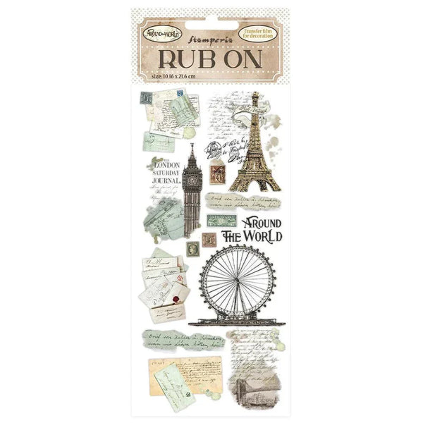 Serier - Around the World från Stamperia. Förpackning med rub-ons med motiv som Big Ben och eiffeltornet. Tidformera