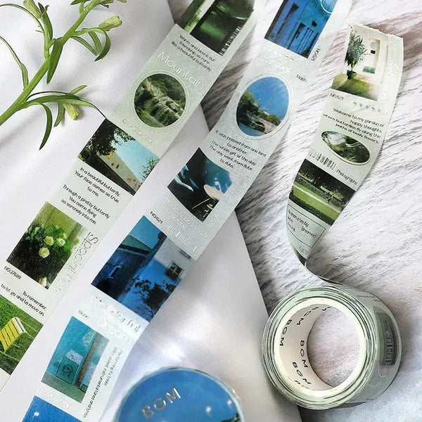 Rullar med washi tape ur serien Color city från BGM. Motiv på tejpen är fotografier och färgerna går i grönt och blått. - Tidformera