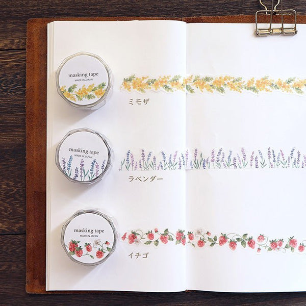 Serier - Die cut Mind Wave - Tre washi tape är utrullad och motiv med bär och blommor syns. Tidformera