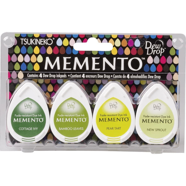 Memento Dew drop förpackning med fyra stämpeldynor som är utformade som droppar, i gula och gröna färger. - Tidformera