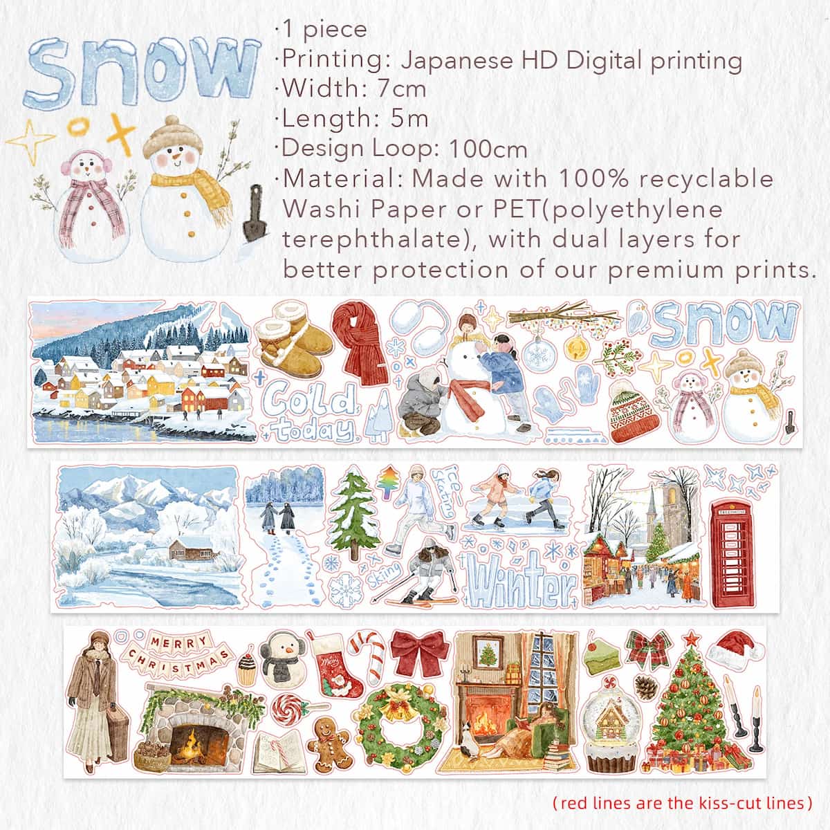 Sticker Washi Tape - Pre-cut - Winter's Whisper - 70 mm