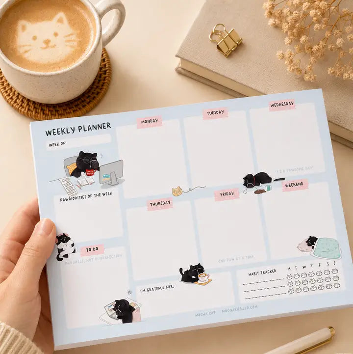 Weekly Planner Notepad - Mocha cat - A5