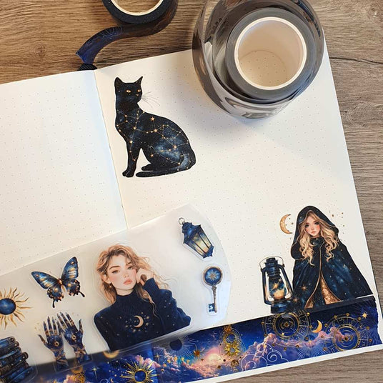 Tema Celestial på washi tape och Pre-cut pet tape. Tidformera
