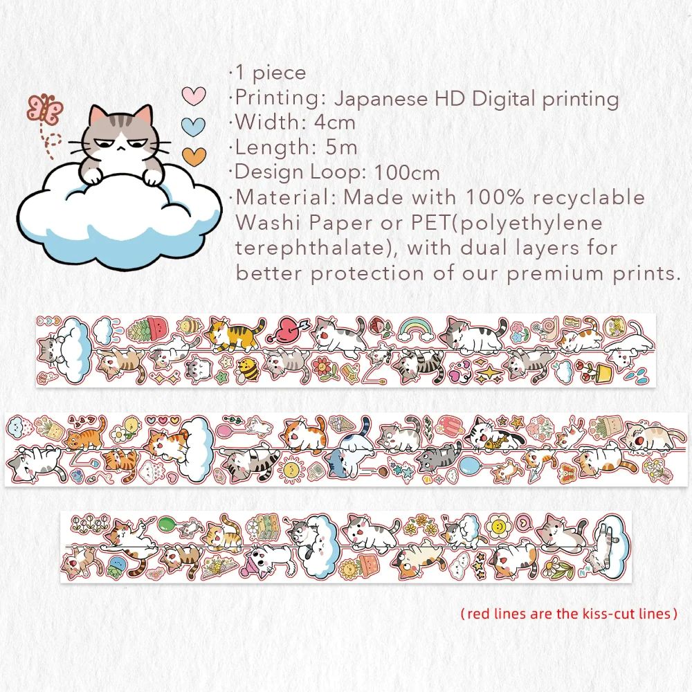 Sticker Washi Tape - Pre-cut - 40 mm - Kitty Cascade