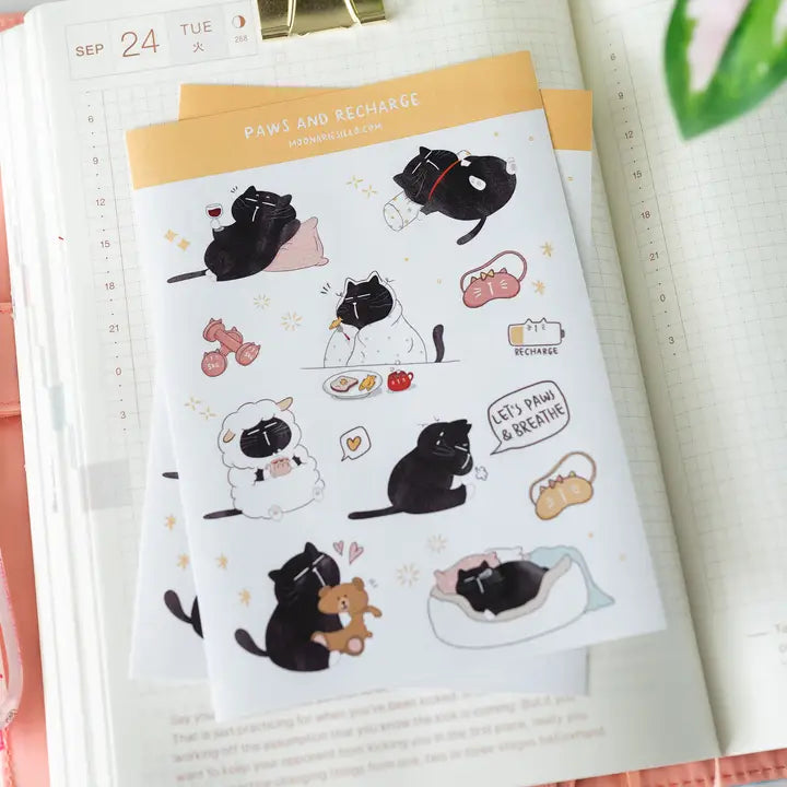 Sticker Sheet - Mocha Cat - Paws and recharge