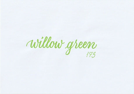 Handskriven text med ordet "willow green" i pilgrön färg, skriven med ABT Dual Brush Pen i nyansen 173 Willow Green.