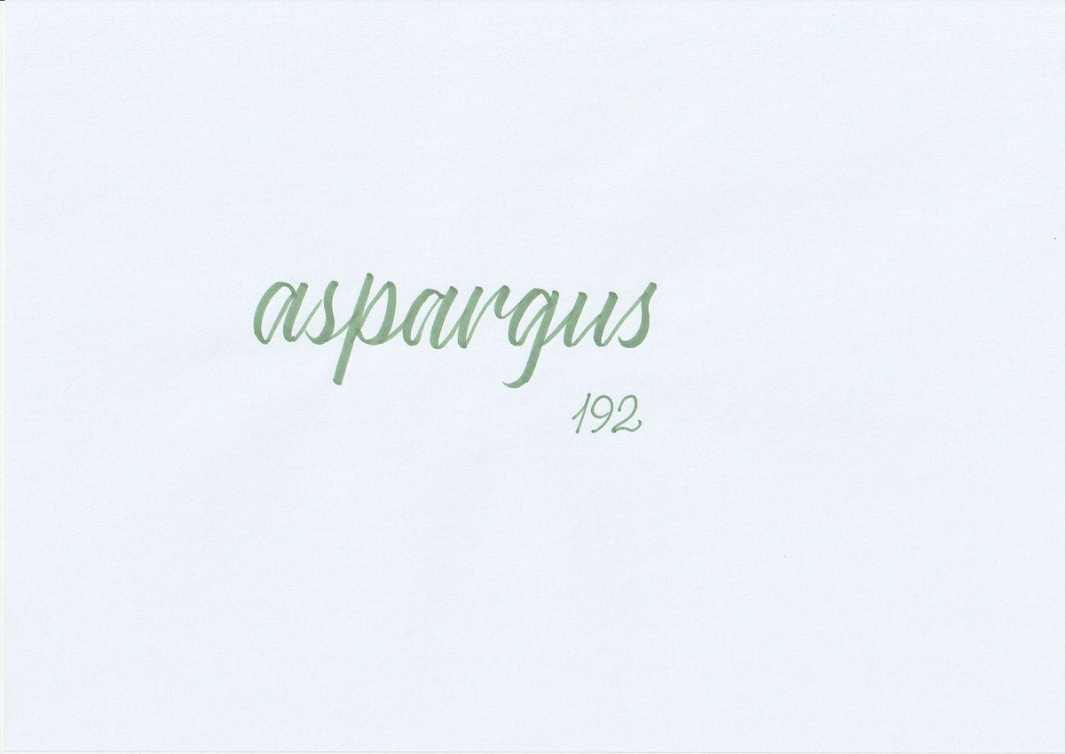 Handskriven text med ordet "aspargus" i sparrisgrön färg, skriven med ABT Dual Brush Pen i nyansen 192 Asparagus.