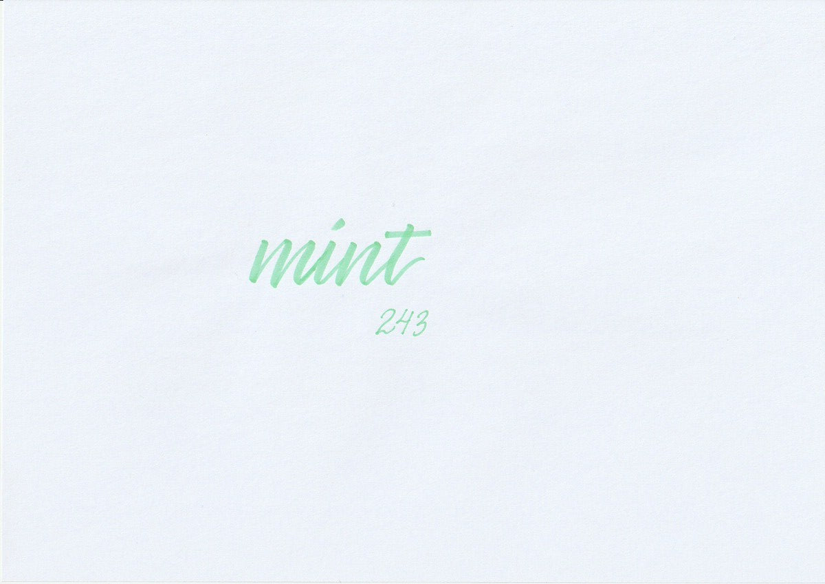 Handskriven text med ordet "mint" i mintgrön färg, skriven med ABT Dual Brush Pen i nyansen 243 Mint.