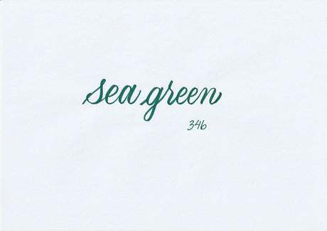 Handskriven text med orden "sea green" i havsgrön färg, skriven med ABT Dual Brush Pen i nyansen 346 Sea Green.