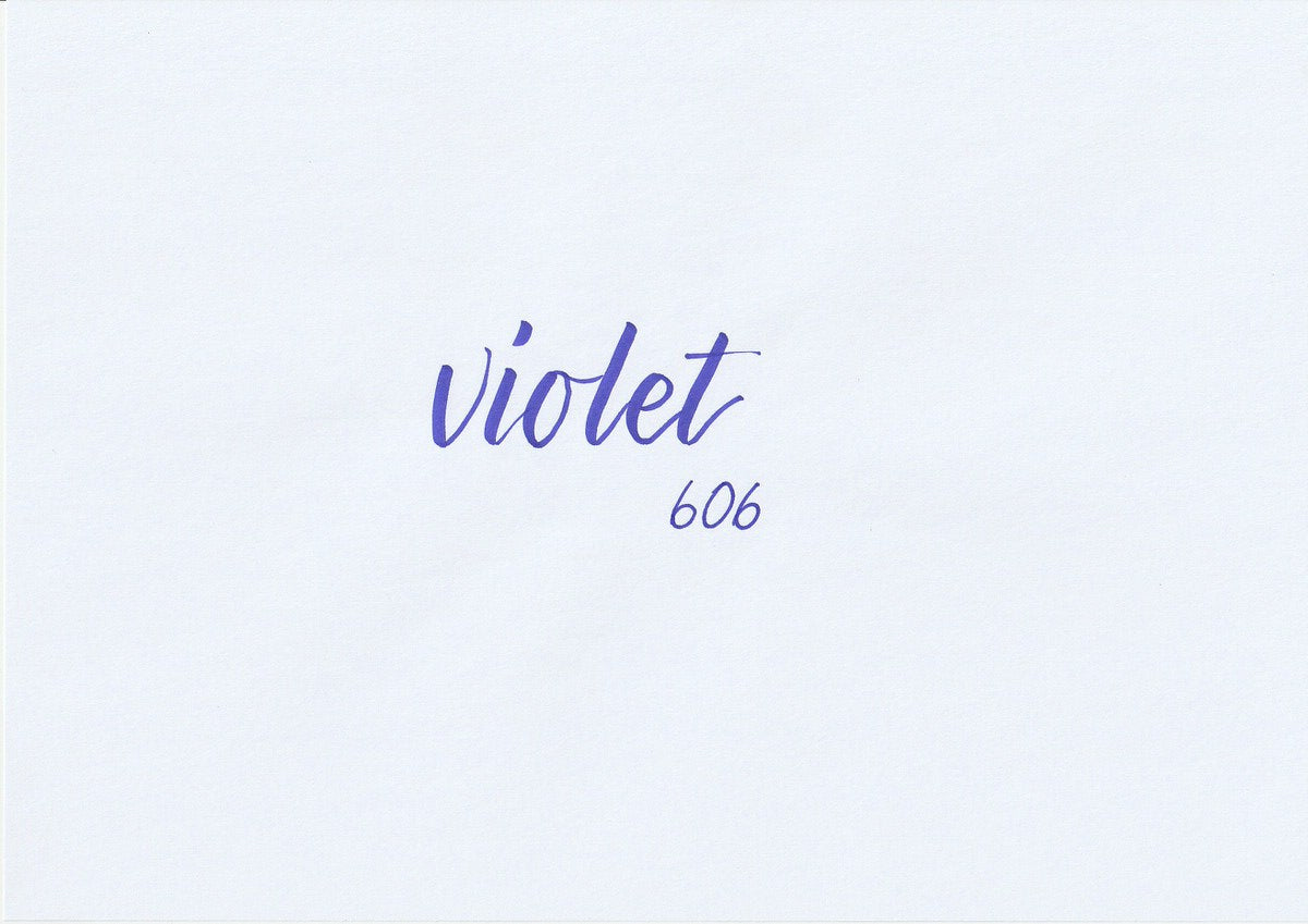 Handskriven text med ordet "violet" i violett färg, skriven med ABT Dual Brush Pen i nyansen 606 Violet.