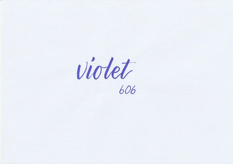 Handskriven text med ordet "violet" i violett färg, skriven med ABT Dual Brush Pen i nyansen 606 Violet.