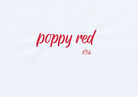 Handskriven text med orden "poppy red" i intensiv rödfärg, skriven med ABT Dual Brush Pen i nyansen 856 Poppy Red.