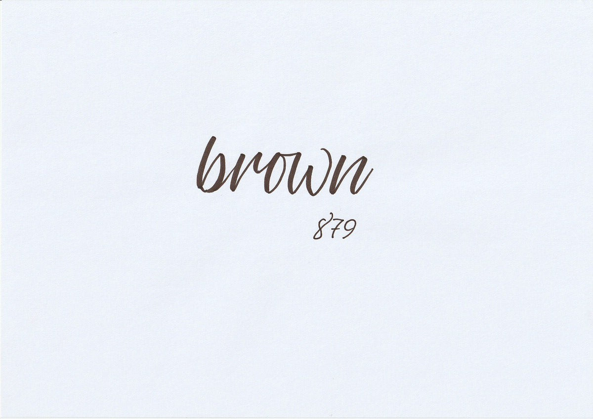 Handskriven text med ordet "brown" i brun färg, skriven med ABT Dual Brush Pen i nyansen 879 Brown.