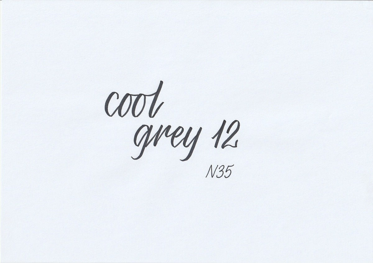 Handskriven text med orden "cool grey 12" i kall mörkgrå färg, skriven med ABT Dual Brush Pen i nyansen N35 Cool Grey 12.