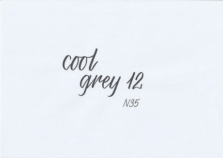 Handskriven text med orden "cool grey 12" i kall mörkgrå färg, skriven med ABT Dual Brush Pen i nyansen N35 Cool Grey 12.
