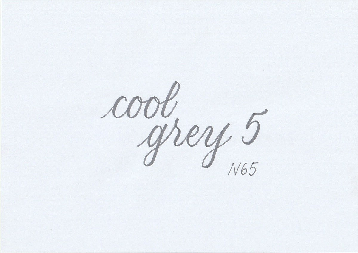 Handskriven text med orden "cool grey 5" i kall grå färg, skriven med ABT Dual Brush Pen i nyansen N65 Cool Grey 5.