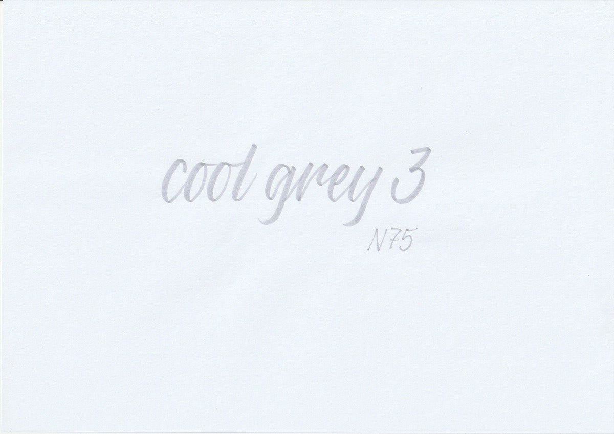 Handskriven text med orden "cool grey 3" i kall grå färg, skriven med ABT Dual Brush Pen i nyansen N75 Cool Grey 3.
