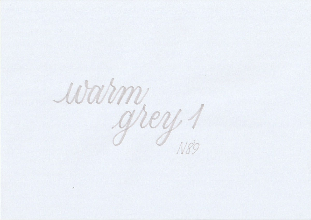 Handskriven text med orden "warm grey 1" i varm grå färg, skriven med ABT Dual Brush Pen i nyansen N89 Warm Grey 1.