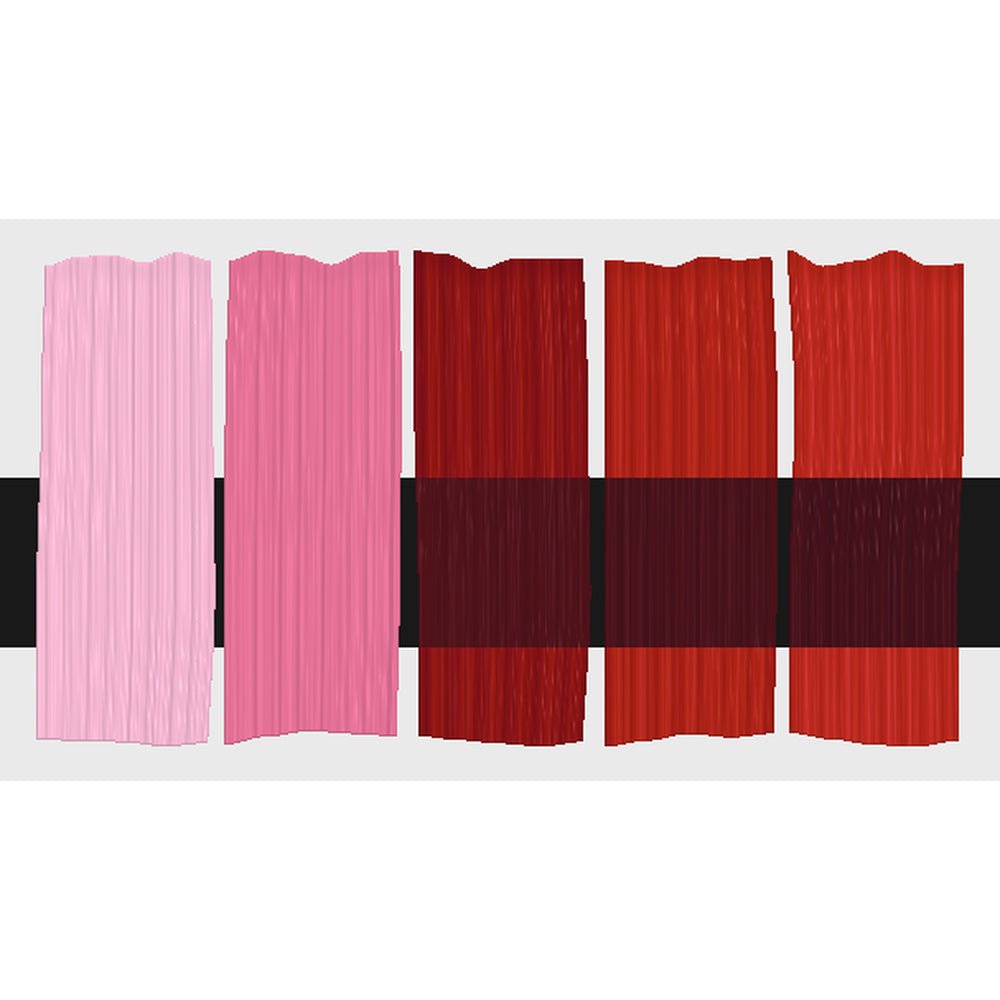 Tri-Art Alizarin Crimson (Hue), fem färgprover med originalfärgen i mitten samt blandningar med vitt och gelmedium.