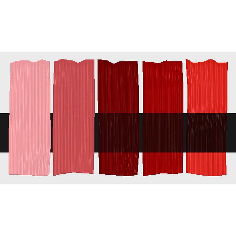 Tri-Art Burnt Crimson, fem färgprover med originalfärgen i mitten samt blandningar med vitt och gelmedium.