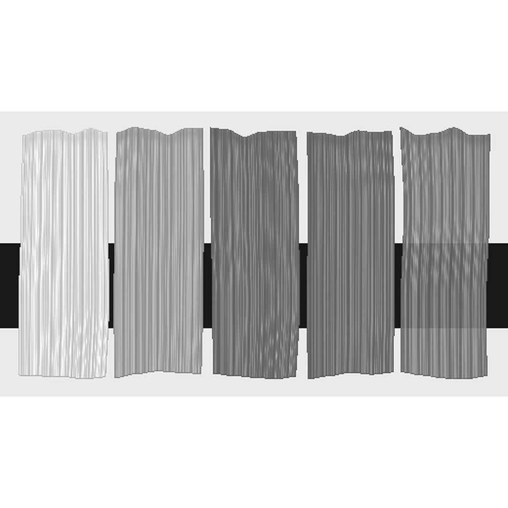 Tri-Art Neutral Grey, fem färgprover med originalfärgen i mitten samt blandningar med vitt och gelmedium.
