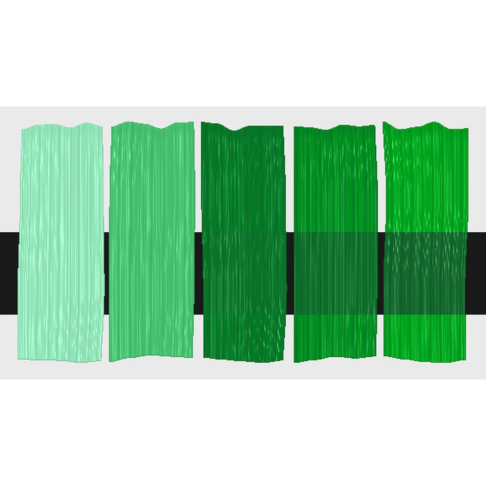 Tri-Art Permanent Green Light, fem färgprover med originalfärgen i mitten samt blandningar med vitt och gelmedium.