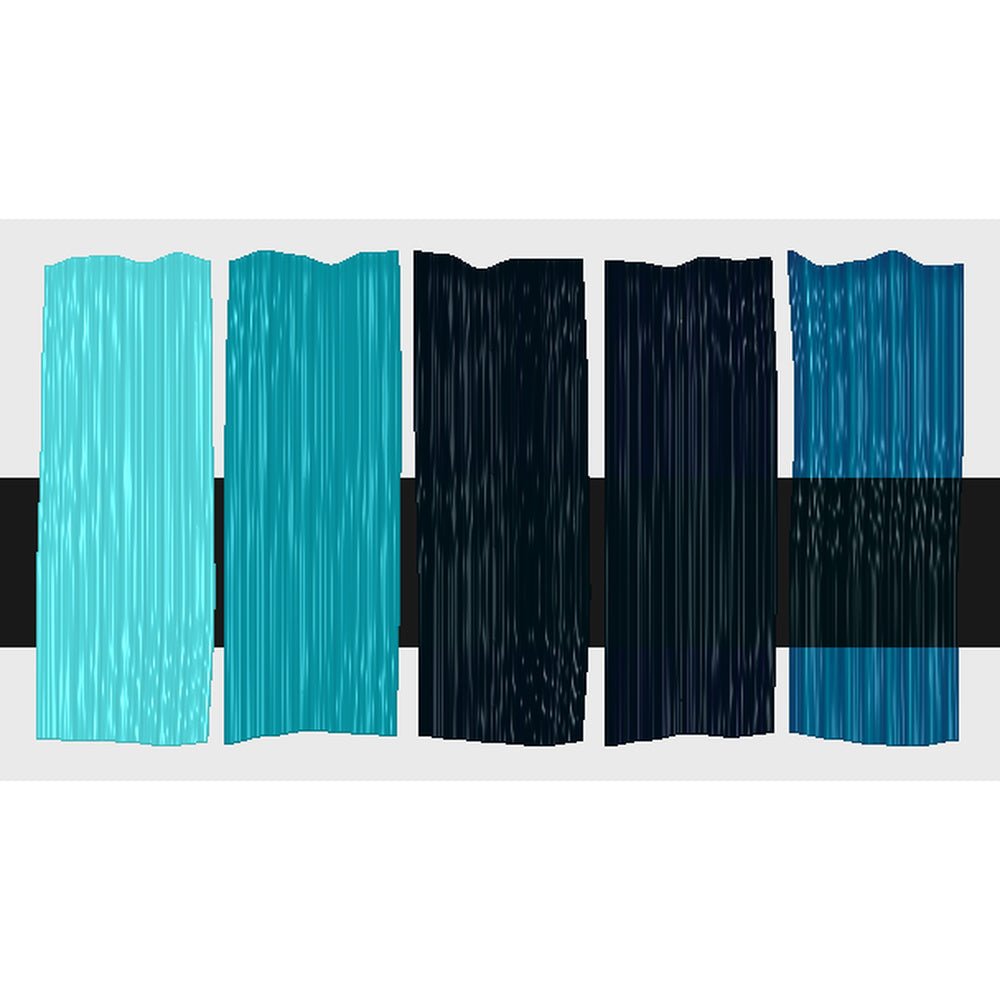 Tri-Art Phthalo Turquoise, fem färgprover med originalfärgen i mitten samt blandningar med vitt och gelmedium.