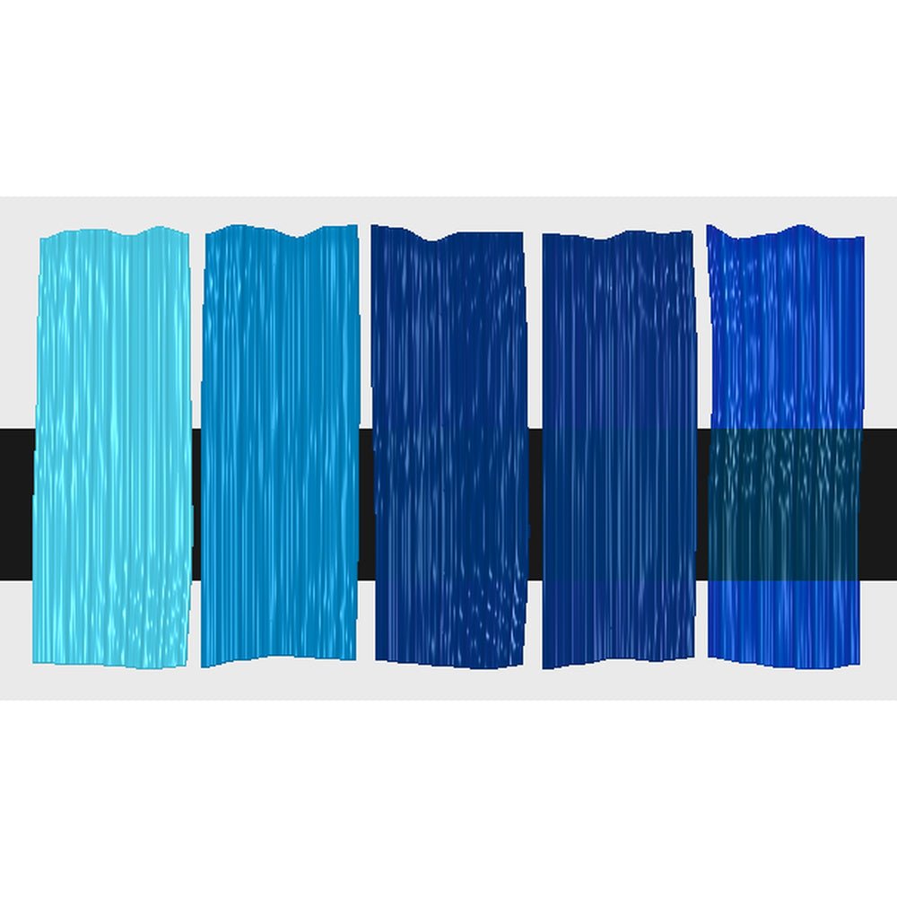 Tri-Art Primary Cyan, fem färgprover med originalfärgen i mitten samt blandningar med vitt och gelmedium.