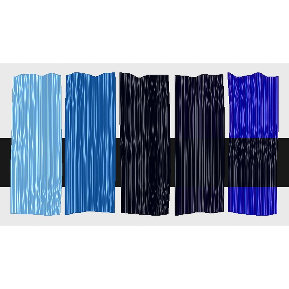 Tri-Art Prussian Blue (Hue), fem färgprover med originalfärgen i mitten samt blandningar med vitt och gelmedium.