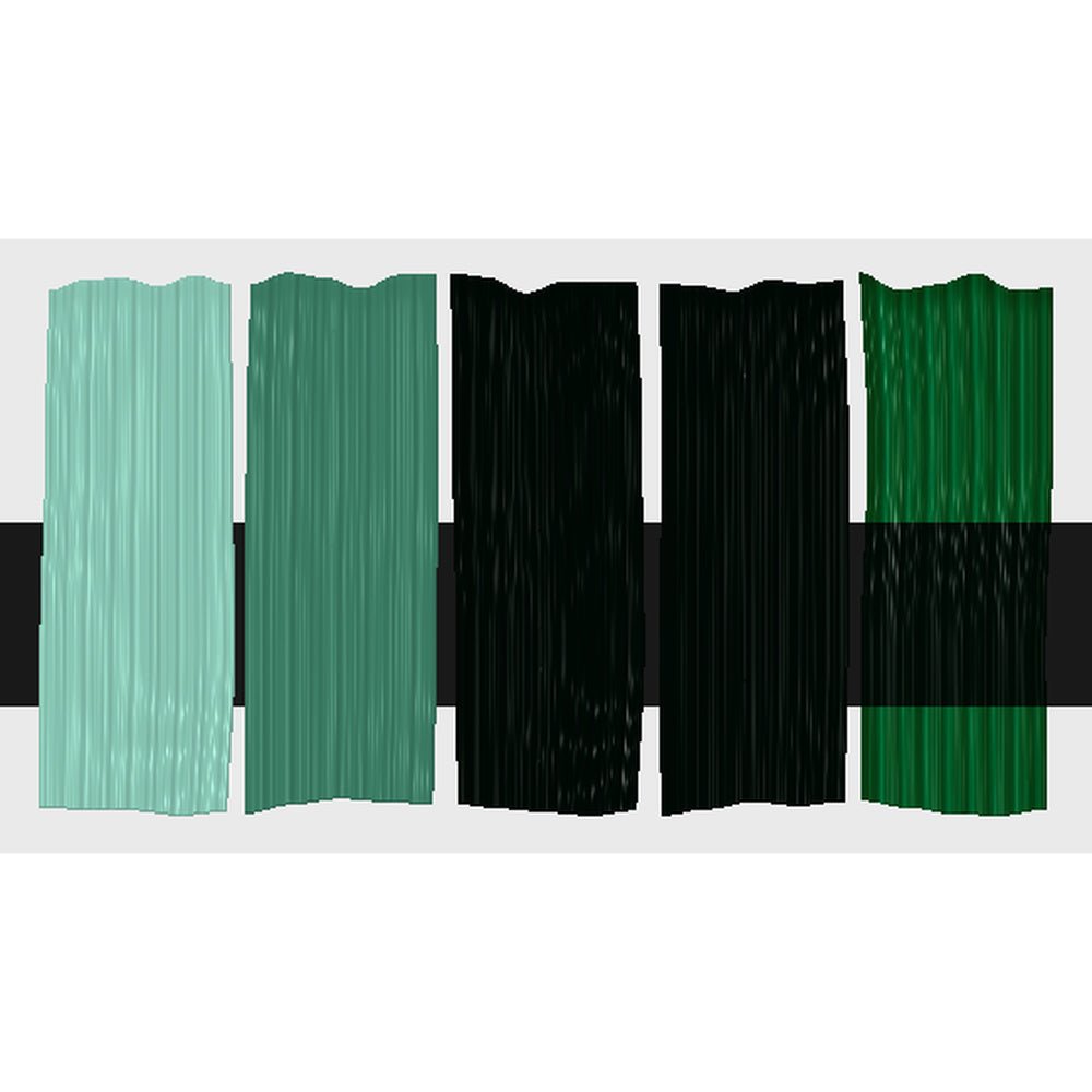 Tri-Art Sap Green, fem färgprover med originalfärgen i mitten samt blandningar med vitt och gelmedium.