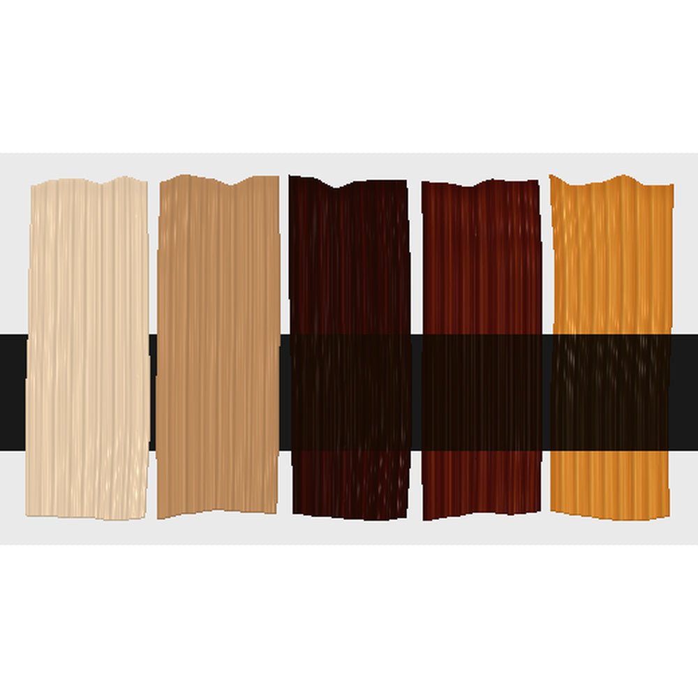 Tri-Art Transparent Brown, fem färgprover med originalfärgen i mitten samt blandningar med vitt och gelmedium.