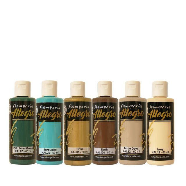 Allegro Paint Kit - Akrylfärg - Masquerade från Stamperia. 6 flaskor akrylfärg i grönt, turkos, guld, brunt och beige - Tidformera