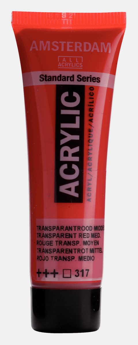 Liten tub med röd Amsterdam Akrylfärg 20 ml 317 - Transparent Red Medium röd Royal Talens - Tidformera