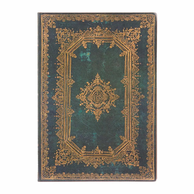 Mörk blå/turkosfärgade anteckningsbok med gulddetaljer. Astra Midi Linjerad Flexis från Paperblanks - Tidformera