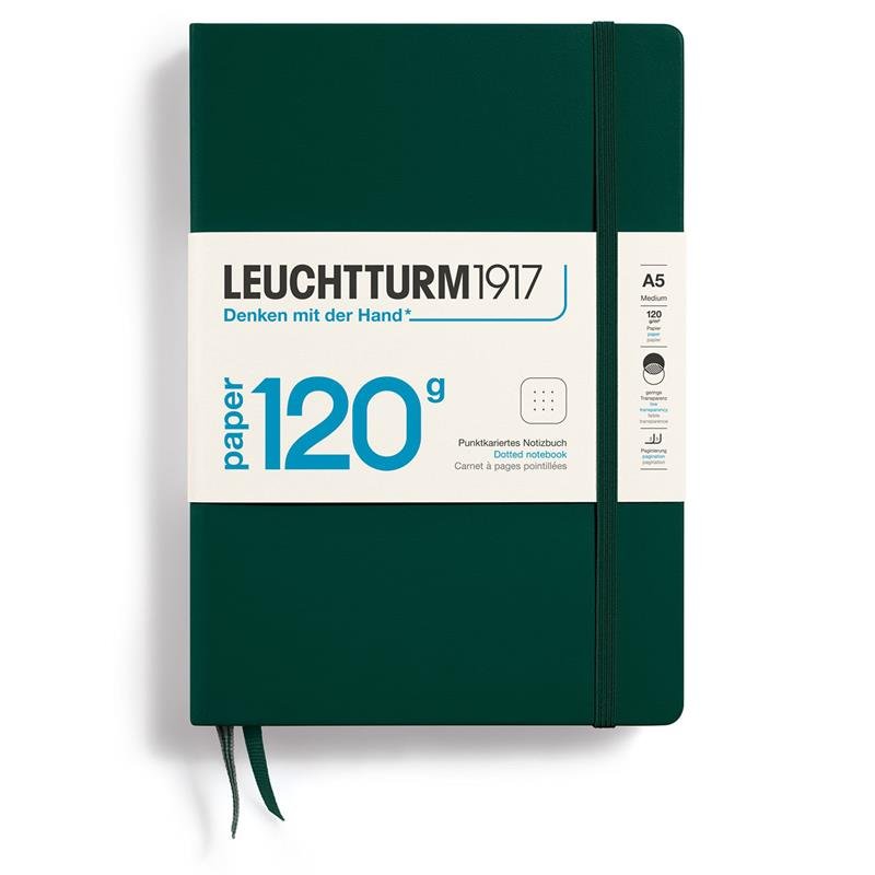 Anteckningsbok Dotted A5 120 GSM - Forest Green från Leuchtturm1917 - Mörkgrön anteckningsbok med 120 gsm papper, 2 bokmärkesband och gummiband för stängning. - Tidformera