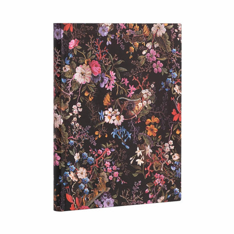 Anteckningsbok Floralia Ultra Linjerad Flexis från Paperblanks. Boken har svart botten med blommor i många olika färger.  - Tidformera