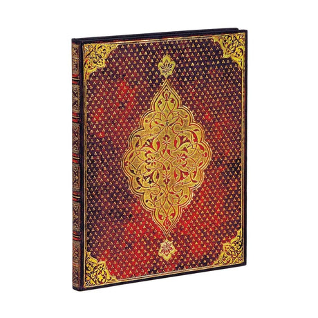 Anteckningsboken Golden Trefoil från Paperblanks.  Röd skrivbok med gulddetaljer. Tidformera