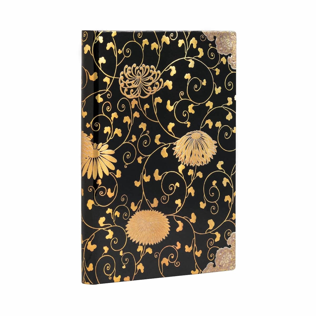 Anteckningsbok Karakusa Mini Linjerad. Svart  bok med guldfärgade snirkliga mönster och blommor. Från Paperblanks - Tidformera