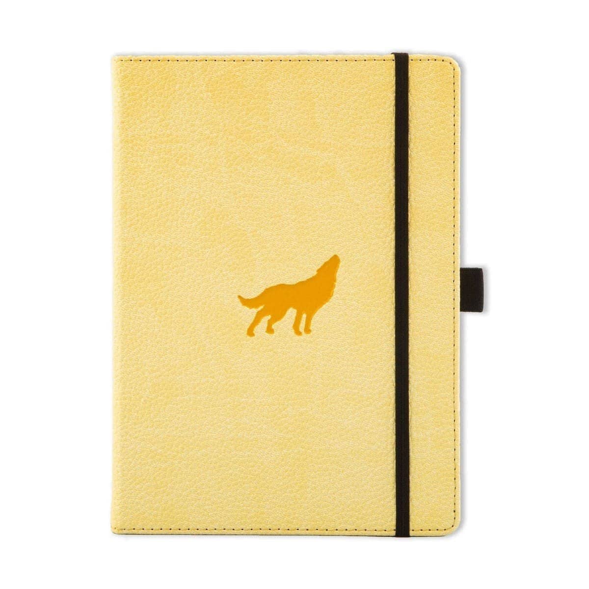 Anteckningsbok Wildlife Olinjerad A5 - Cream Wolf från Dingbats* - Gul anteckningsbok med varg som ylar - Tidformera Boken har svart gummiband för stängning samt pennhållare.