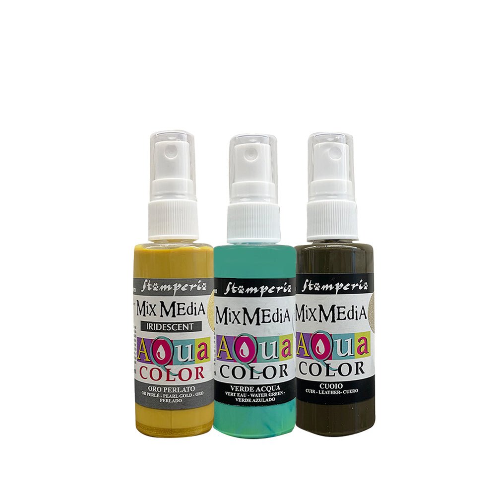 Aquacolor Paint Kit - Masquerade - 1 - Stamperia. 3 sprayflaskor med färg i gult, turkos och  brunt. -Tidformera