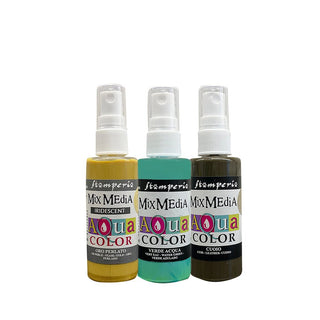 Aquacolor Paint Kit - Masquerade - 1 - Stamperia. 3 sprayflaskor med färg i gult, turkos och  brunt. -Tidformera