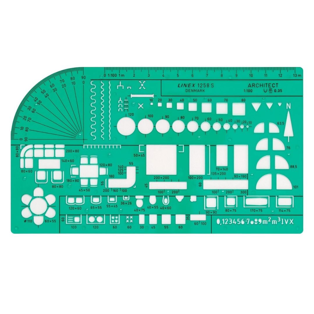 Arkitektschablon 1258S från Linex med rutor, cirklar, grader och andra former som en arkitekt kan behöva. Med tuschknoppar. - Tidformera