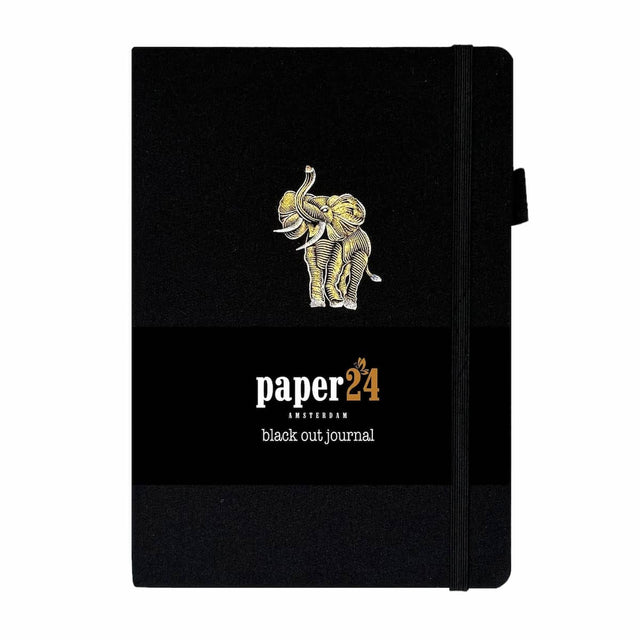 Black Out Journal A5 160 GSM - Golden elephant från Paper24. Svart anteckningsbok med en elefant i guld på pärmen.  - Tidformera