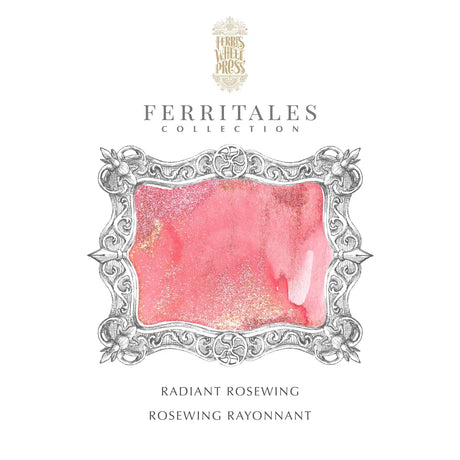 FÀrgprov med  rosa blÀck med skimmer i guld och rosa. BlÀckflaska FerriTales 20 ml - The Wild Swans - Radiant Rosewing frÄn Ferris Wheel Press - Tidformera