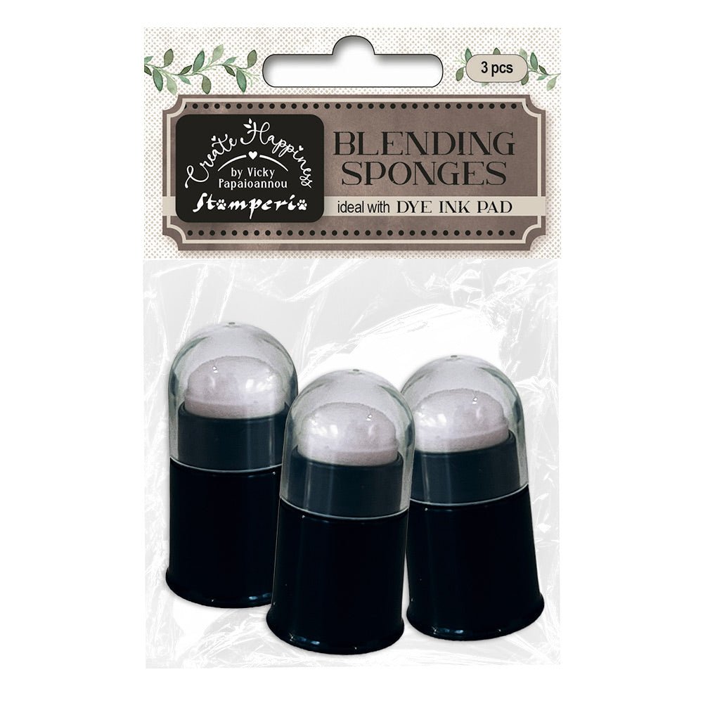 Blending Sponges 3 -pack från Stamperia. Förpackning med tre stycken duttsvampar i en förpackning. På förpackning står ideal with Dye ink pad. Tidformera