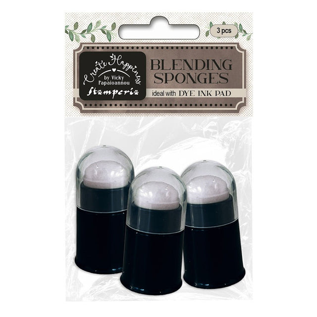 Blending Sponges 3 -pack från Stamperia. Förpackning med tre stycken duttsvampar i en förpackning. På förpackning står ideal with Dye ink pad. Tidformera