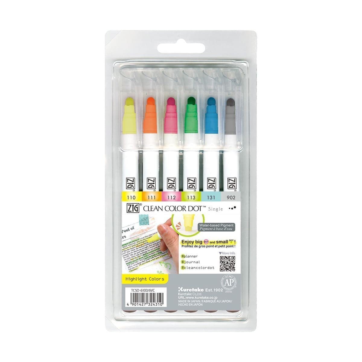 Clean color dot pen Single 6-pack - Highlight Colors - ZIG Kuretake - Tidformera