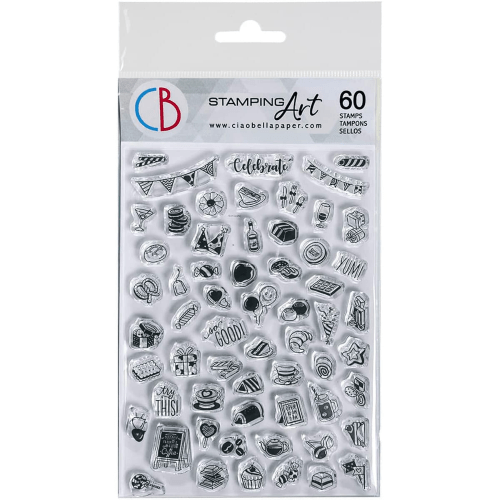 Clear stamps - BuJo Party från Ciao Bella. Förpackning med stämplar med motiv som flaskor, ballonger, vimplar, godis, bakelser. - Tidformera