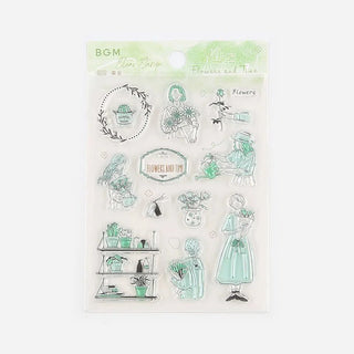 Förpackning med stämplar. Kvinna bär på blommor, vattnar, plantor. Clear stamps Holidays - Horticulture från BGM - Tidformera